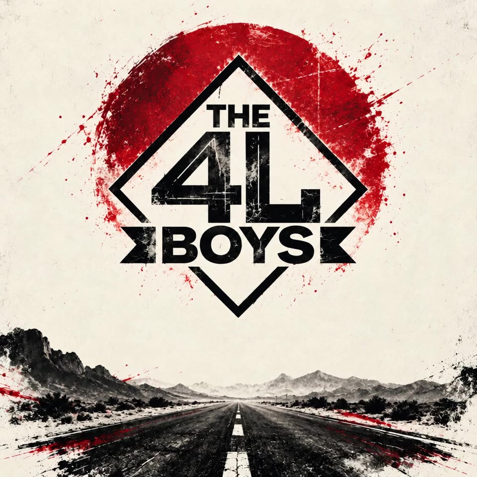 Logo THE 4L BOYS devant un soleil rouge et une route vers les montagnes